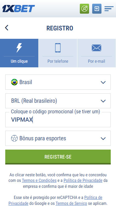 1XBET Cadastro passo 2: num clique, é só inserir país, moeda, código VIPMAX e escolher Bônus para esportes