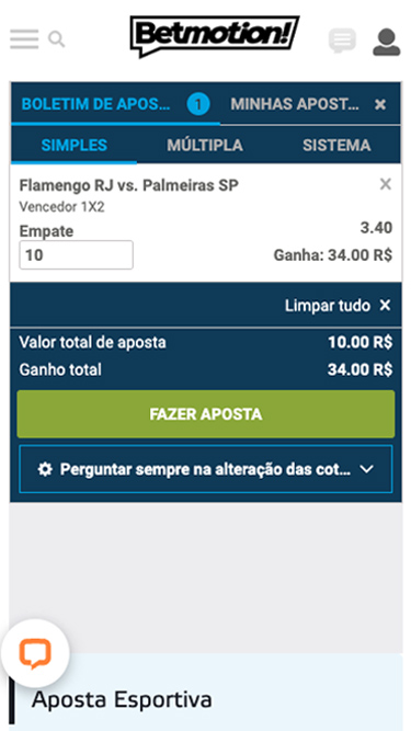 Betmotion aposta simples: pode ver exemplo partida Flamengo vs Palmeiras.