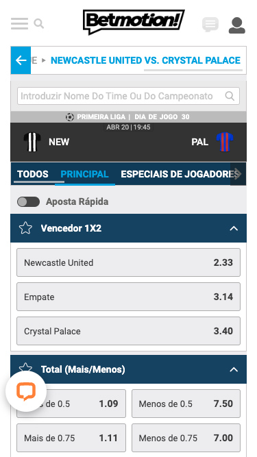 Betmotion Mercados de apostas: por exemplo, pode apostar em Vencedor 1x2 ou Total (mais/menos) na partida Newcastle United vs Crystal Palace.