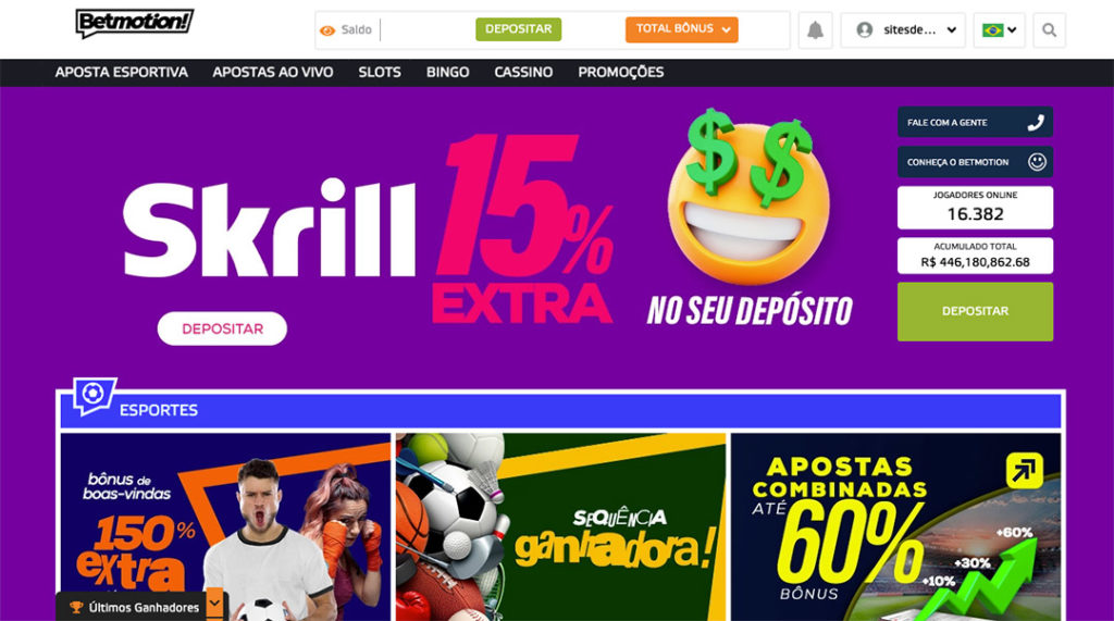 Betmotion Site: pode ver barra superior com abas de Aposta esportiva, apostas ao vivo, slots, bingo, cassino e promoções.