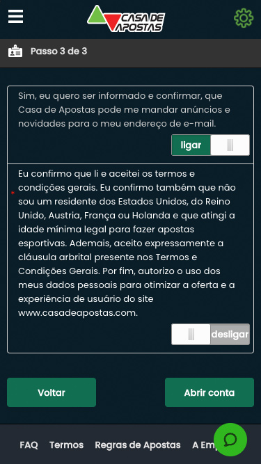 Cadastro Casa de Apostas passo 3
