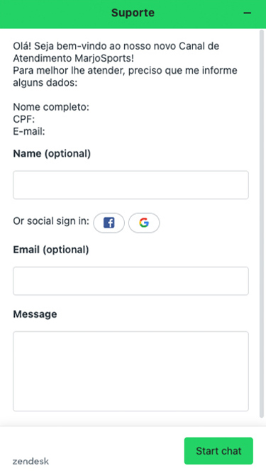 Suporte da MarjoSports: pode inserir nome, CPF e e-mail para inicial atendimento ou entrar com Facebook ou Google.