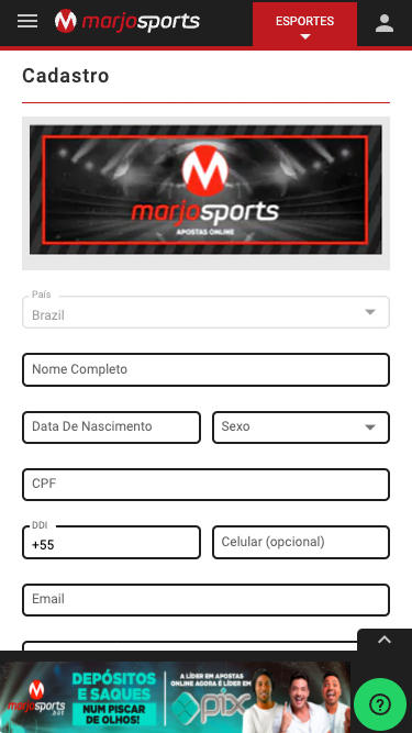 Cadastro MarjoSports passo 1: deve inserir nome, data de nascimento, sexo, CPF, celular e e-mail.