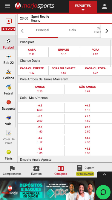 Marjosports Mercados de apostas: aposta simples, chance dupla, ambos os times marcam, gols mais/menos, etc.