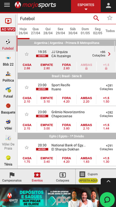 Marjosports Plataforma de apostas tem futebol, Política, Futsal, Basquete, BBB, Vôlei, Tênis e muito mais.