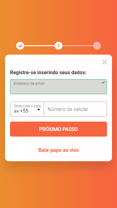 LeoVegas Cadastro passo 2: onde inserir e-mail e número de celular.