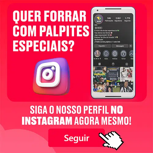 Banner divulgando o Instagram do SDA, @sda.palpites, onde há palpites especiais. Fundo vermelho, com a imagem de um celular mostrando o perfil em questão.