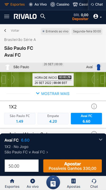 Rivalo aposta simples. Ex: Brasileirão Série A - São Paulo x Avaí