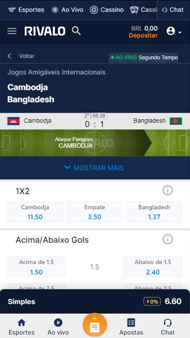 Rivalo apostas ao vivo. Ex: Jogos Amigáveis Internacionais - Cambodja x Bangladesh.