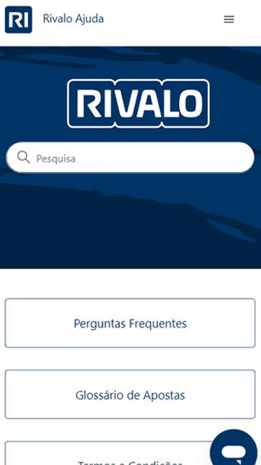 Página de Contato da Rivalo: pode inserir palavra no campo de pesquisa, consultar Perguntas frequentes e Glossário de Apostas, etc.