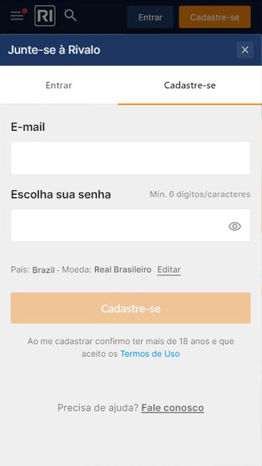 Cadastre-se na Rivalo inserindo e-mail e senha