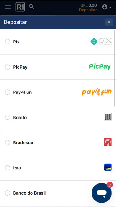 Rivalo Depósito: Pix, PicPay, Pay4Fun, Boleto, Bradesco, Itau, Banco do Brasil, etc.