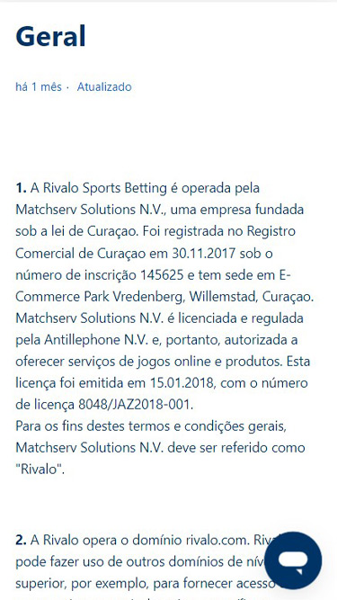A Rivalo é operada pela Matchserv Solution NV, empresa fundada sob a lei de Curaçao. Registrada em 30.11.2017 sob nº 145625.