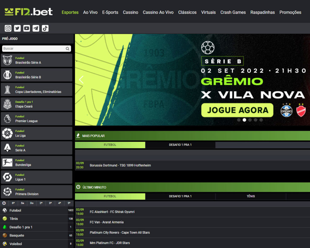 F12 website: do lado esquerdo pode buscar apostas pré-jogo, do lado direito pode ver jogos mais populares.