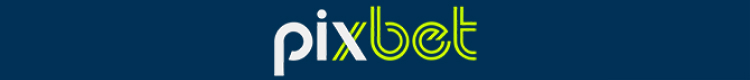 Faixa com o logo da PixBet em branco e verde em um fundo azul