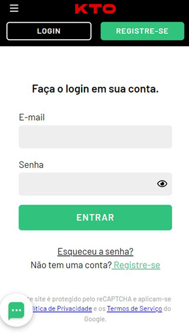 Cadastro KTO: para fazer login em sua conta deve inserir e-mail e senha.