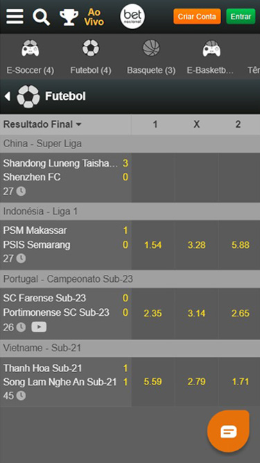 Betnacional apostas ao vivo: imagem mostra exemplo de apostas 1x2 em Super Liga China, Liga 1 Indonésia, Campeonato sub-23 Portugal e Sub-21 Vietname.