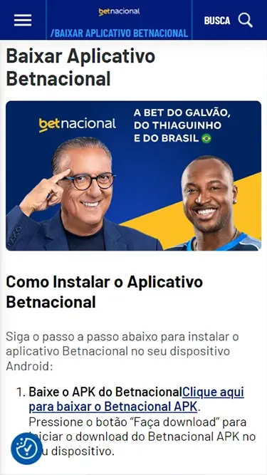 Captura de tela da página de download do app da Betnacional, disponível para baixar no formato APK, fora das lojas oficiais de aplicativos. 
