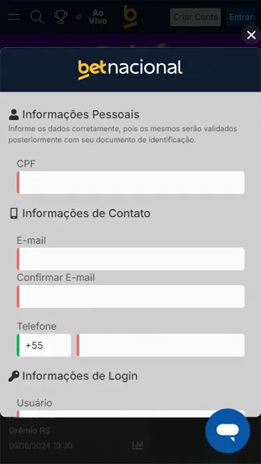Captura de tela da página de cadastro da Betnacional com os primeiros campos a serem preenchidos: CPF, e-mail, confirmação de e-mail, telefone e nome de login. 