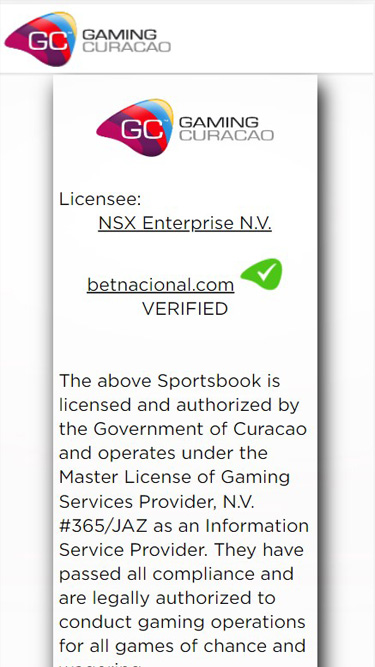 Betnacional é confiável, com licença do Governo de Curaçao.