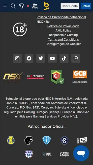 Captura de tela demonstrando a licença da Betnacional, emitida pelo governo de Curaçao. 