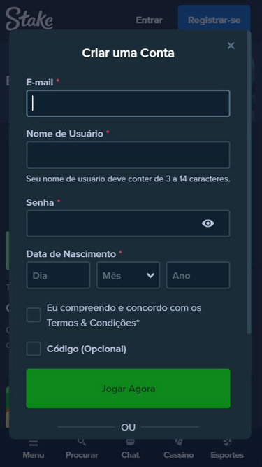 Stake Cadastro: passo 1 será inserir e-mail, nome de usuário, senha, data de nascimento, assinalar que compreende os termos e condições, e adicionar código.