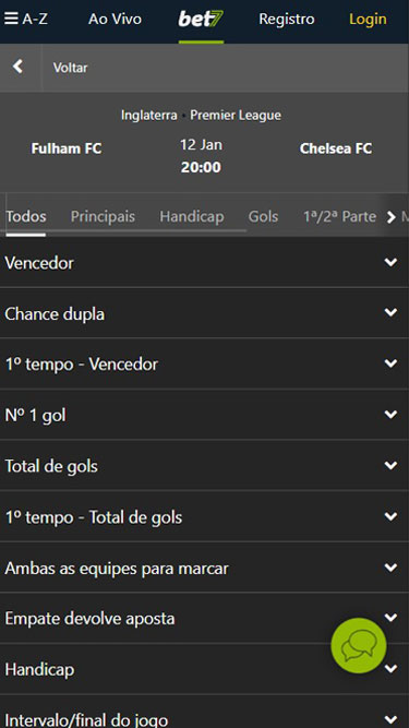 Mercado de apostas Bet7: vencedor, chance dupla, total de gols, ambas as equipas a marcar, empate devolve aposta, handicap, e muito mais.