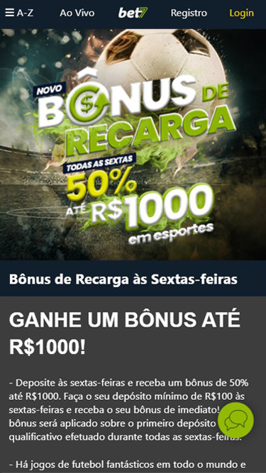 Bet7 bônus de recarga todas as sextas: 50% até R$1.000 em esportes.