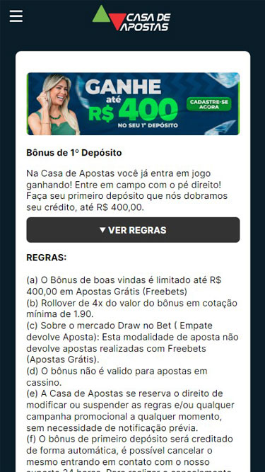 Bônus de 1º depósito da Casa de Apostas: ganhe até R$400 em apostas grátis (freebets)