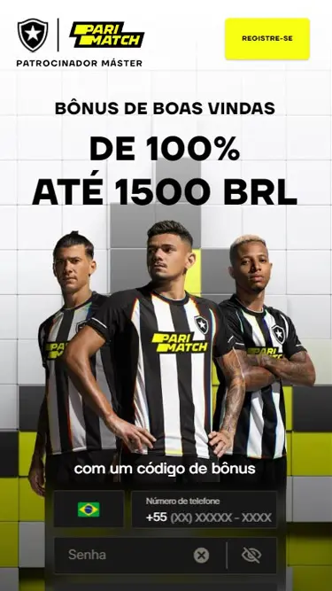 Parimatch cadastro passo 1: imagem mostra bônus de boas-vindas de 100% até 1500 BRL. No canto superior direito está o botão "Registre-se".