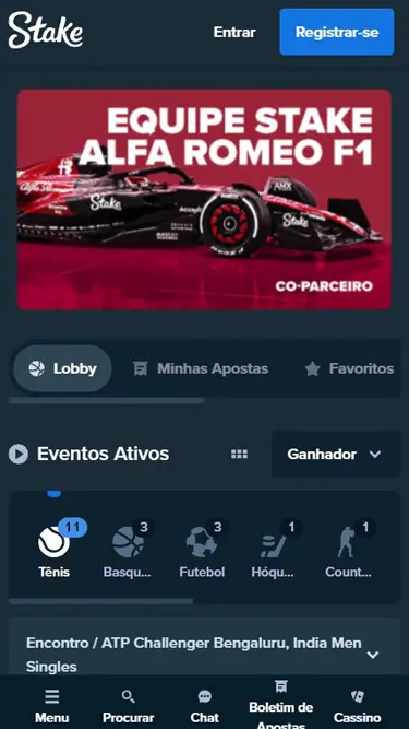 Stake app não existe, mas site é responsivo. Na imagem pode ver Co-parceiro Equipe Stake Alfa Romeo F1 e eventos ativos de tênis.