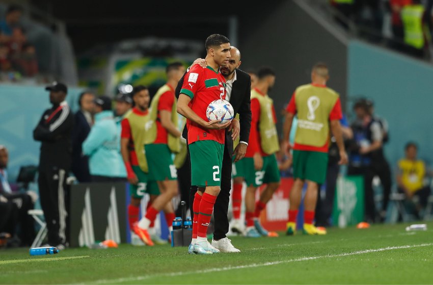 Técnico Regragui e Hakimi, da seleção do Marrocos