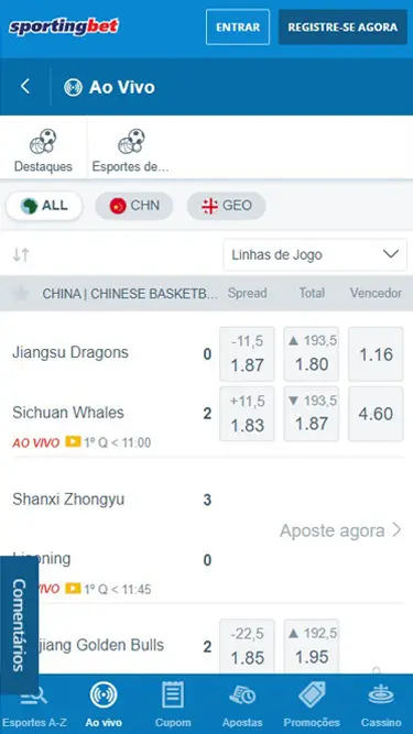 Sportingbet apostas ao vivo: imagem apresenta exemplo de partida de basquete China Jiangsu Dragons vs Sichuan Whales