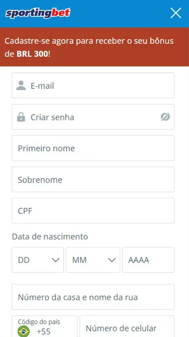 Cadastro Sportingbet. Cadastre-se para receber bônus BRL 300. Passo 1 é inserir e-mail, senha, nome, CPF, data de nascimento, endereço e celular