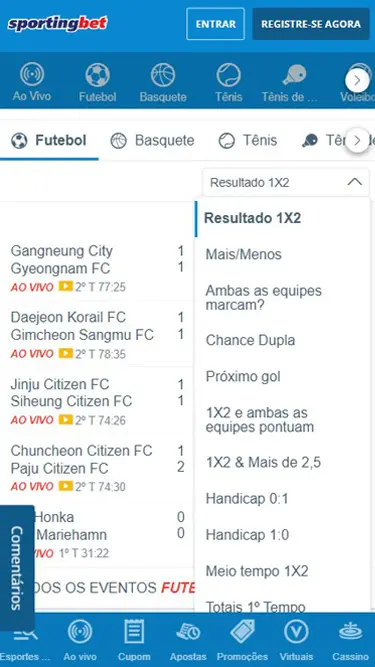 Mercados de apostas Sportingbet vão de 1x2 a Mais/menos, Ambas as equipes marcam, Chance dupla, Próximo gol, Handicap 1:0, Totais 1º tempo, etc.