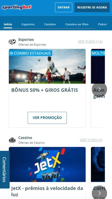 Sportingbet promoções: Combo Estaduais bônus 50% + giros grátis para Esportes, jetX prêmios à velocidade da luz para Cassino, etc.