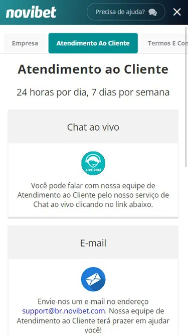Novibet Atendimento ao Cliente, 24 horas por dia, 7 dias por semana, chat ao vivo ou e-mail.