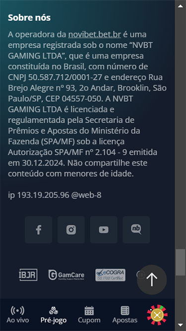 Esta é uma captura de tela que mostra as licenças da Novibet, confirmando que é confiável.