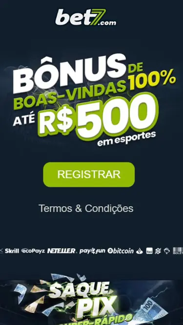 Bet7 bônus de boas-vindas 100% até R$500 em esportes.