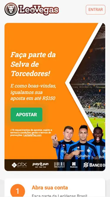 Bônus de boas-vindas LeoVegas: iguala sua aposta em até R$150. Faça parte da Salva de Torcedores!