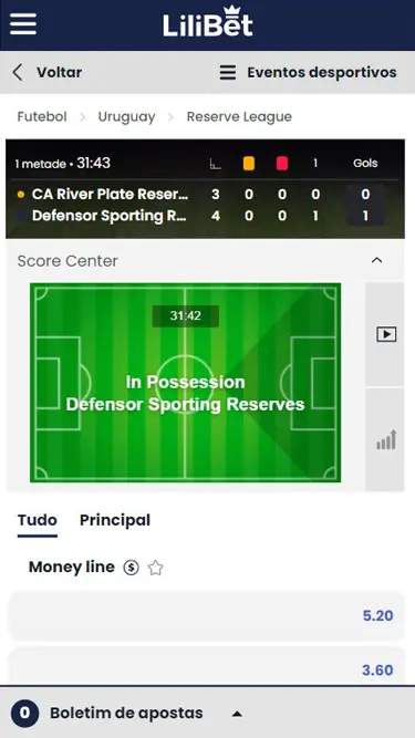 Lilibet apostas ao vivo: exemplo de partida Liga Uruguai, River Plate vs Defensor Sporting, placar 0 a 1 aos 31 minutos e 43 segundos.