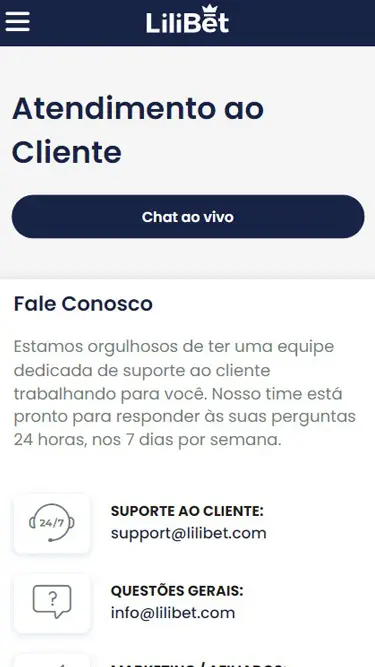 Atendimento ao Cliente da Lilibet: chat ao vivo e e-mail, 24 horas por dia, 7 dias por semana.