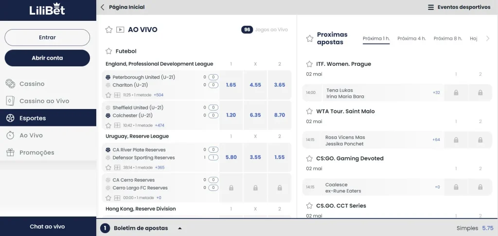 Site Lilibet: do lado esquerdo encontra abas de Login, Cassino, Cassino ao Vivo, Esportes, Ao vivo, Promoções e Chat ao Vivo; ao centro tem Lista de jogos ao vivo; do lado direito há lista das Próximas apostas.