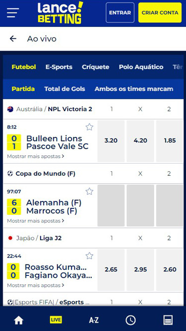 Lance! Betting Apostas ao vivo: imagem apresenta partida Copa do Mundo Feminina 2023, Alemanha vs Marrocos, 6-0 aos 97 minutos e sete segundos.