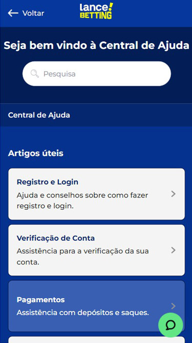 Lance! Betting Atendimento: pode recorrer à Central de Ajuda ou ao Chat.