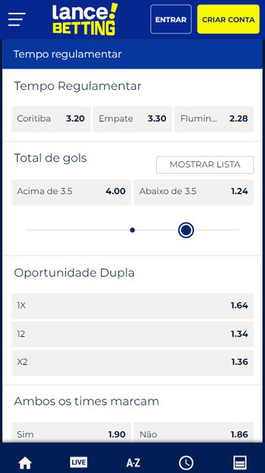 Lance! Betting Mercado de apostas: tempo regulamentar, total de gols, chance dupla, ambos os times marcam, e muito mais.