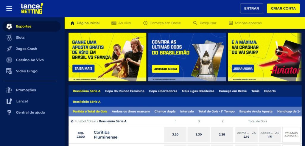 Lance! Betting website é em azul-escuro e amarelo. Tem a plataforma de esportes à esquerda e as promoções ao centro.