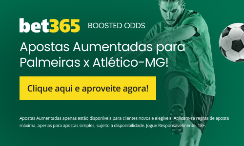 Banner da bet365 para promoção de Apostas Aumentadas em Palmeiras x Atlético-MG na Libertadores.