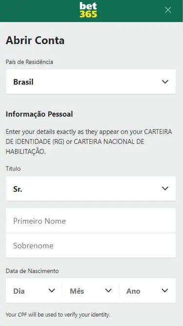 bet365 cadastro passo 2: escolher país, inserir título, primeiro nome e sobrenome, e data de nascimento