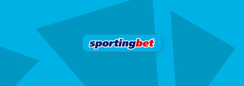 Divulgação da Sportingbet no SDA. A marca da casa de apostas aparece ao centro, em tons de azul, branco e vermelho, contra fundo estilizado com a identidade visual do site.